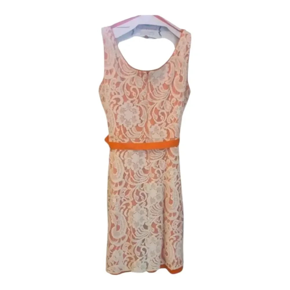 Sandra Darren Womens Size 6 Orange Cream Lace Fit Flare Dress Belted Sleeveless